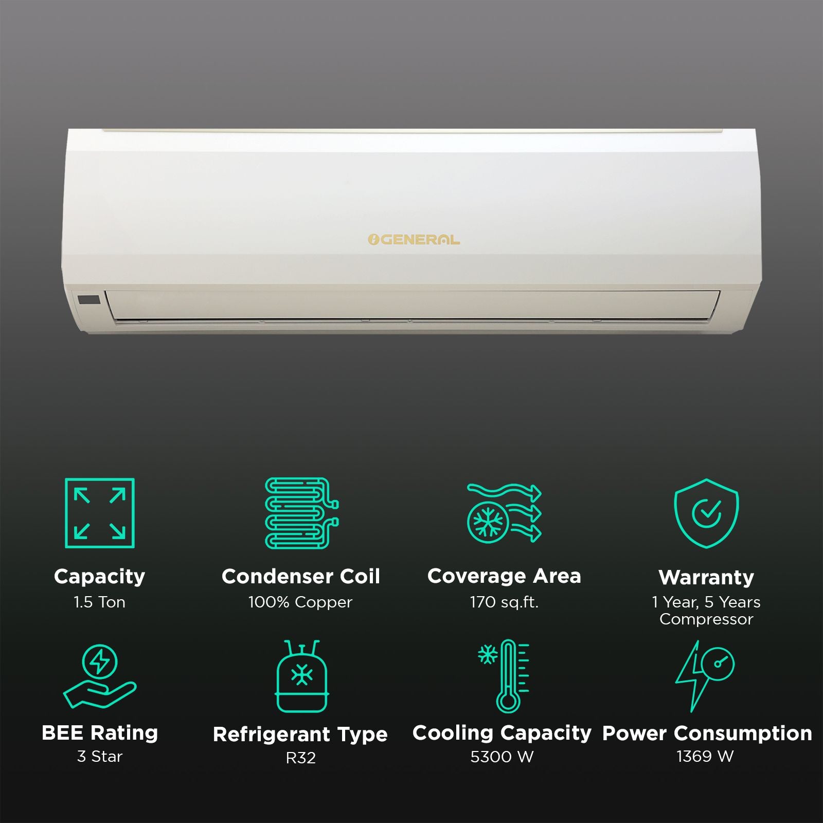 O General BMA 1.5 Ton 3-Star Split AC: Copper Condenser, Dust Filter