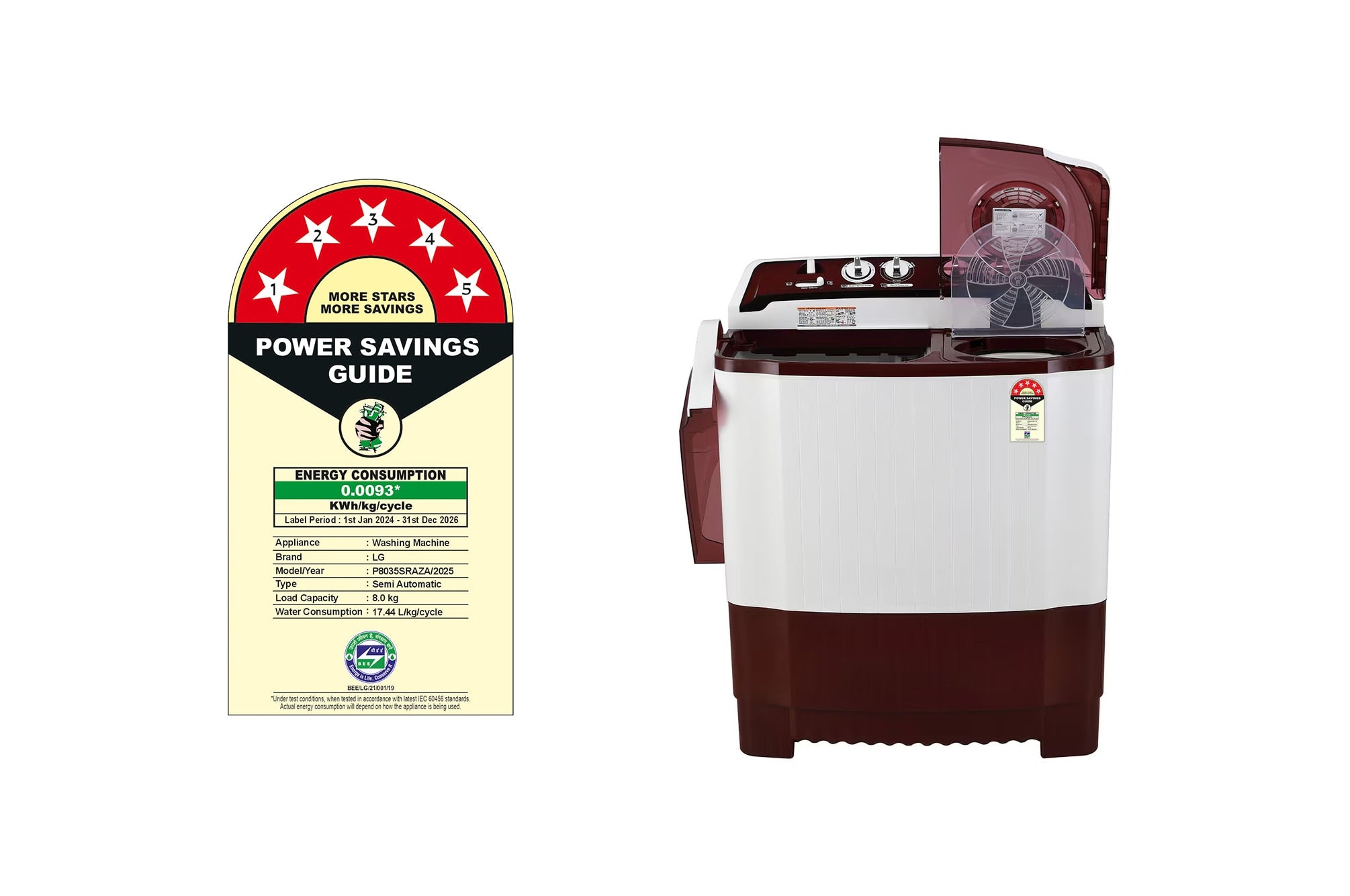 LG 8Kg Semi-Automatic Top Load Washing Machine, Roller Jet Pulsator, Burgundy
