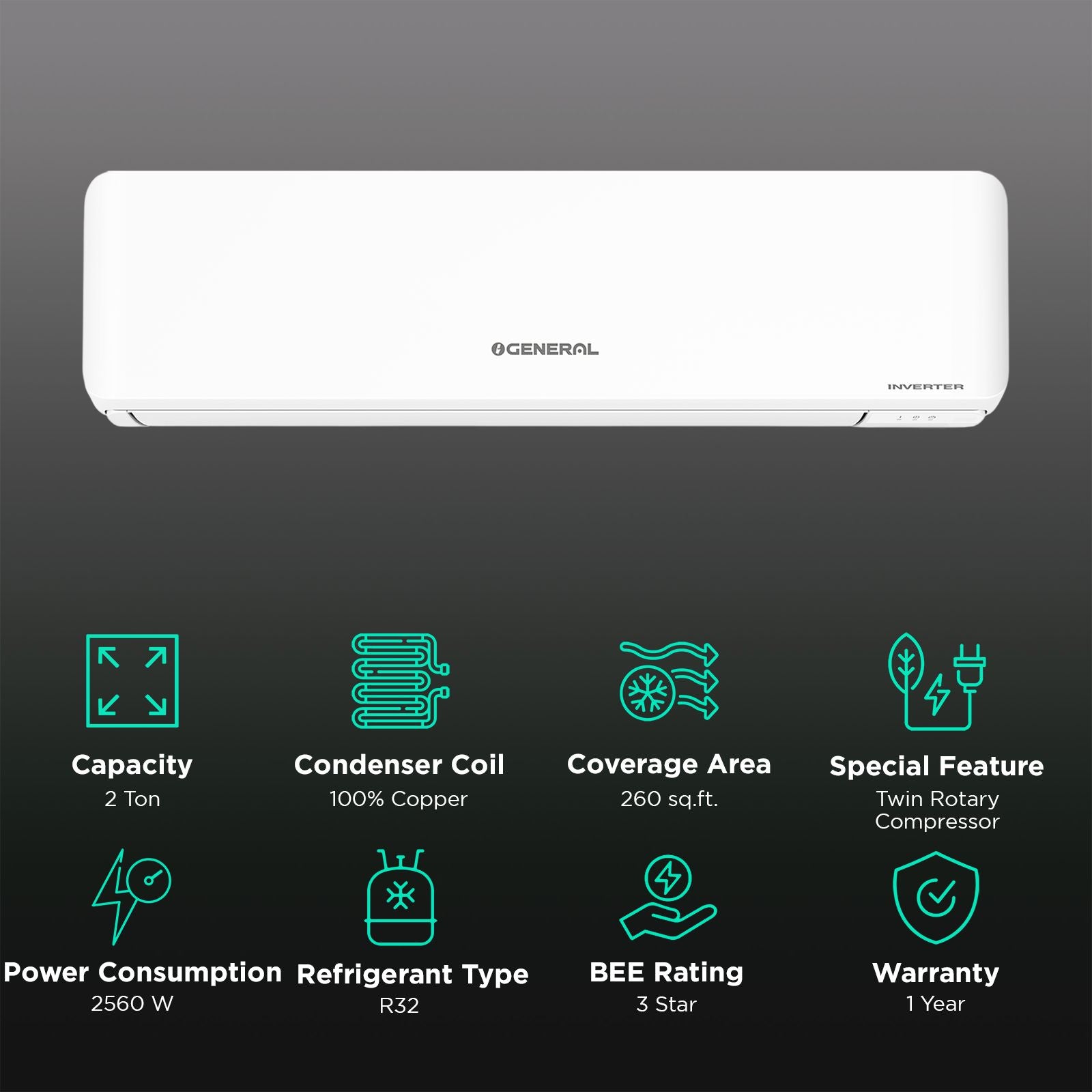 O GENERAL 2 Ton 3 Star Inverter Split AC with Copper Condenser