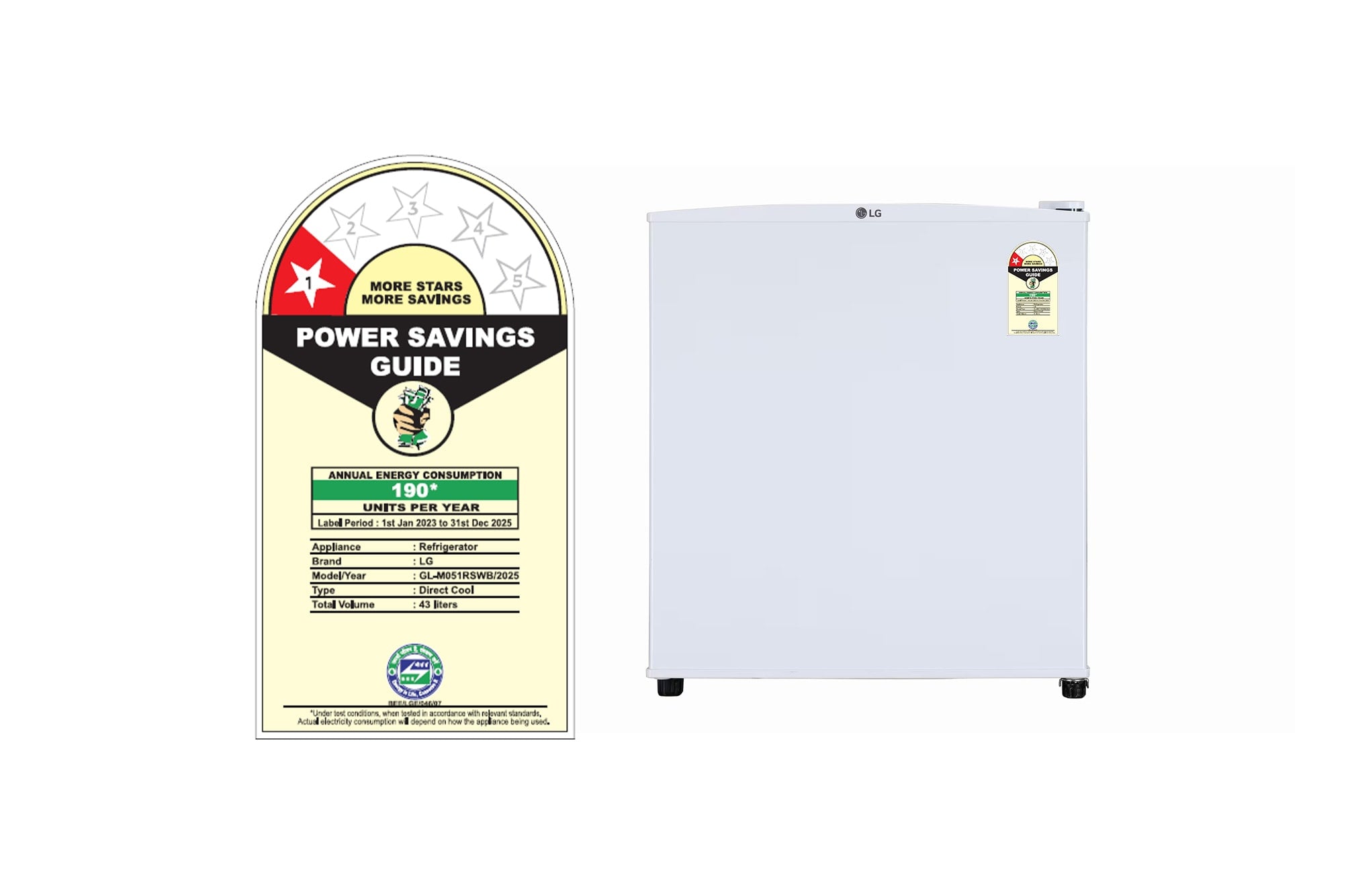 LG 43L Compact Single Door Mini Refrigerator, 1 Star, Super White Finish