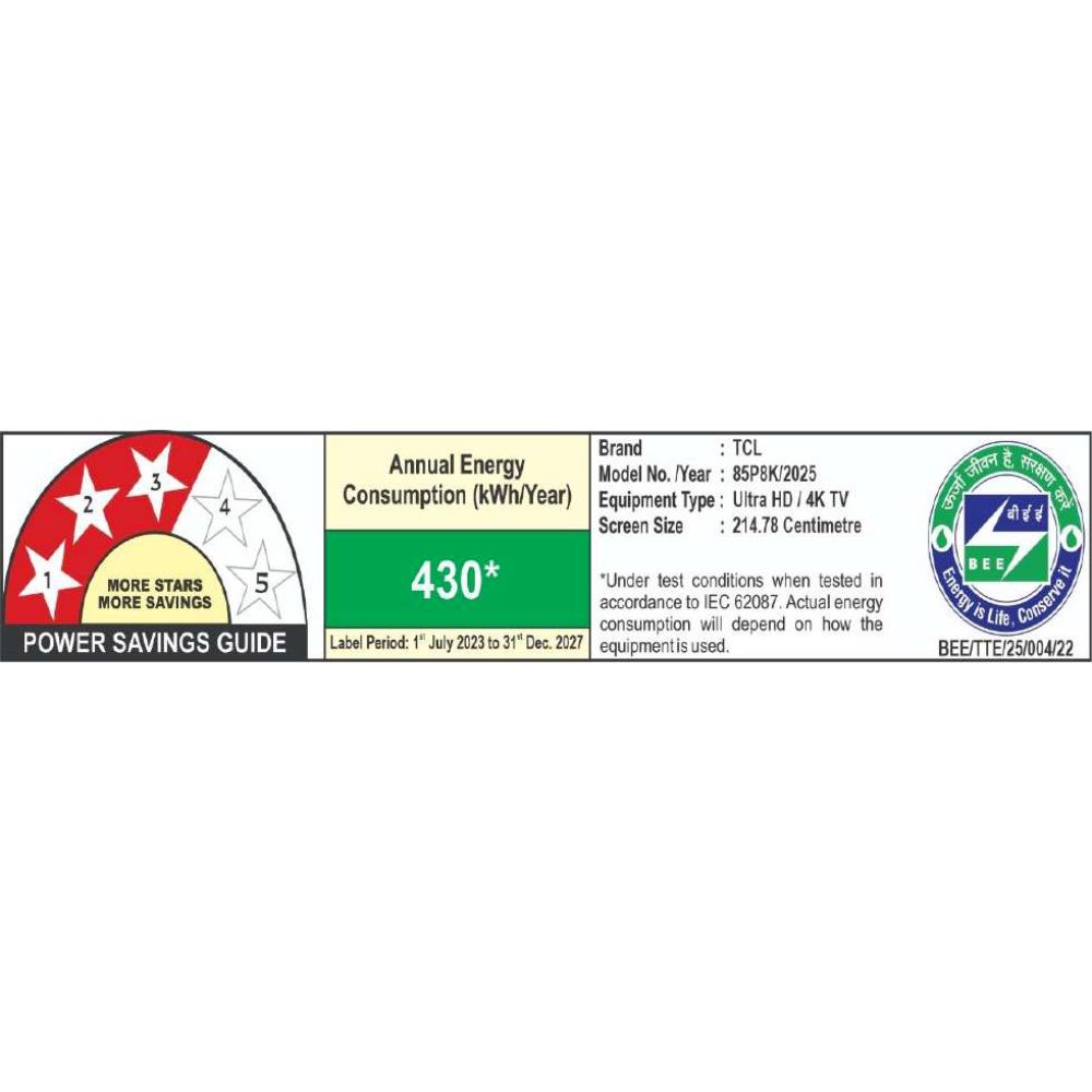 TCL 85-inch QLED 4K UHD Google TV 85P8K - 120Hz Refresh Rate