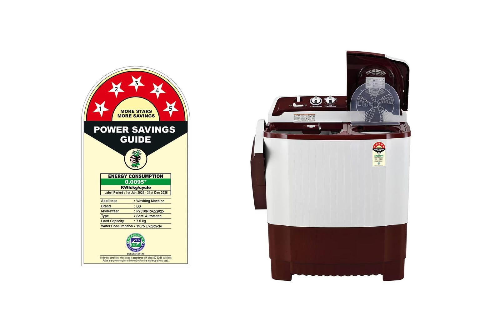 LG 7.5 Kg Semi-Automatic Top Load Washing Machine Roller Jet Pulsator Burgundy